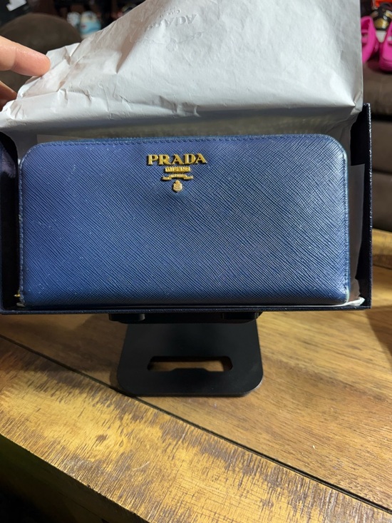 Prada Handbags - Prada Blue Saffiano Leather Zip Wallet with Gold Logo